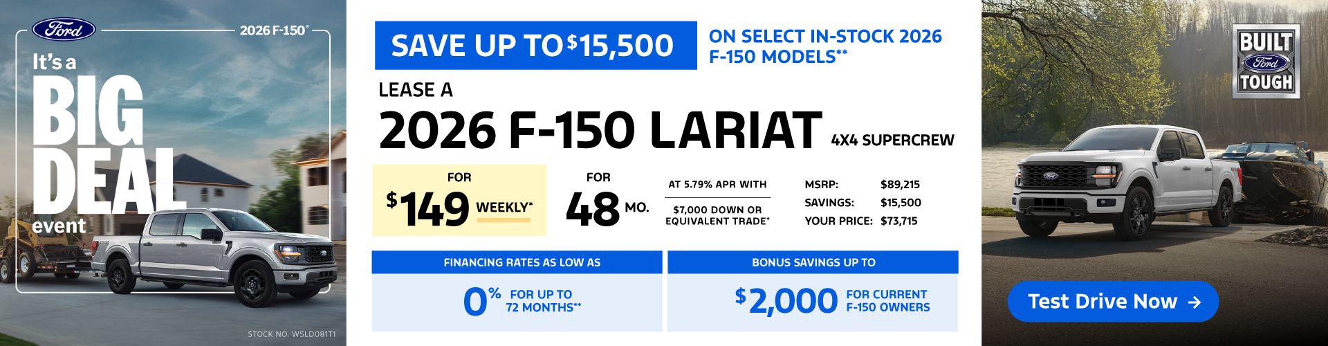 Lease a 2026 Ford F-150 Lariat 4X4 SuperCrew for $149 weekly*