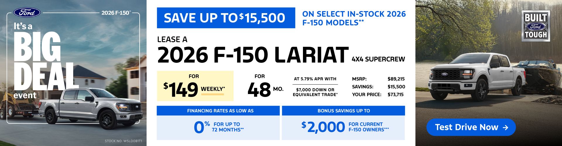 Lease a 2026 Ford F-150 Lariat 4X4 SuperCrew for $149 weekly*