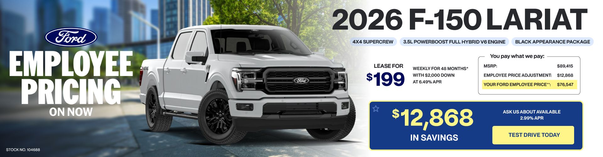 Lease a 2026 Ford F-150 Lariat Hybrid Black Appearance for $199 weekly*