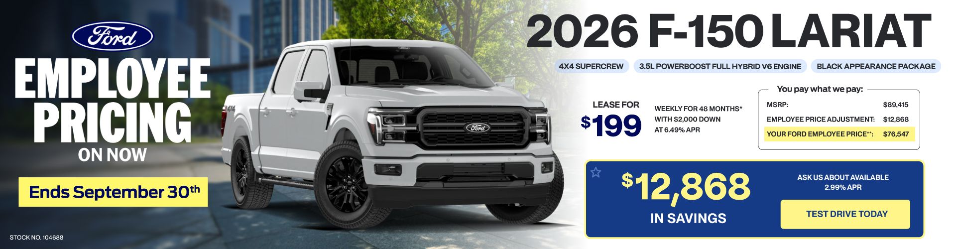 Lease a 2026 Ford F-150 Lariat Hybrid Black Appearance for $199 weekly*