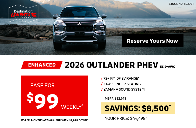 Lease a 2026 Mitsubishi Outlander PHEV ES S-AWC for as low as $99 weekly*