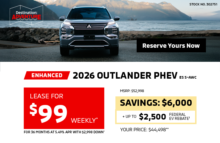 Lease a 2026 Mitsubishi Outlander PHEV ES S-AWC for as low as $99 weekly*