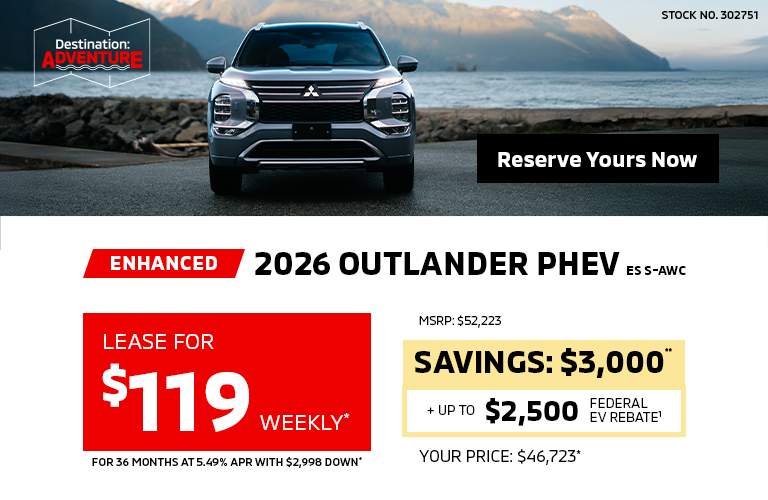 Lease a 2026 Mitsubishi Outlander PHEV ES S-AWC for as low as $119 weekly*