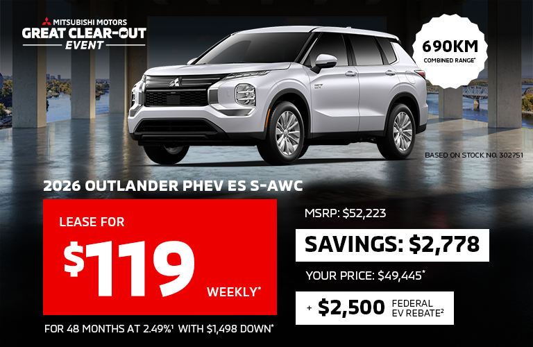 Lease a 2026 Mitsubishi Outlander PHEV ES S-AWC for as low as $119 weekly*