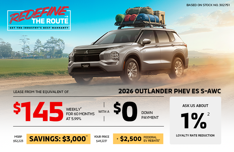 Lease a 2026 Mitsubishi Outlander PHEV ES S-AWC for as low as $145 weekly*