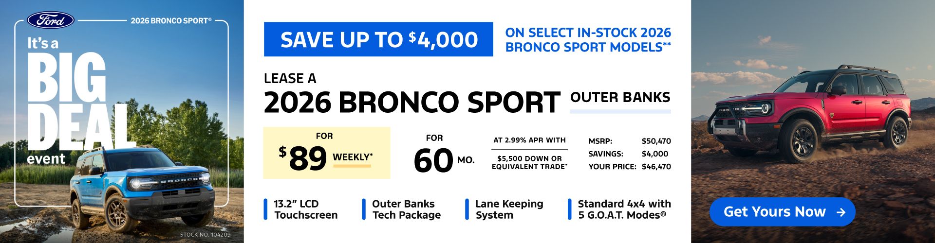 Lease a 2026 Bronco Sport Outer Banks for $89 weekly*