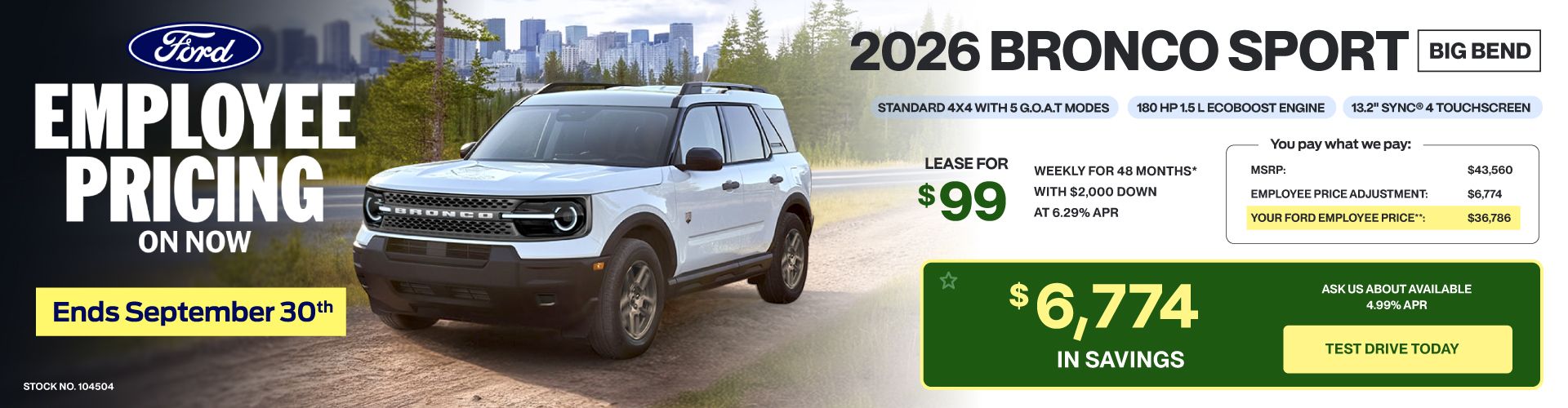 Lease a 2026 Bronco Sport Big Bend for $99 weekly*