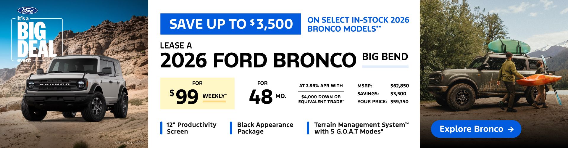 Lease a 2026 Ford Bronco Big Bend for $99 weekly*