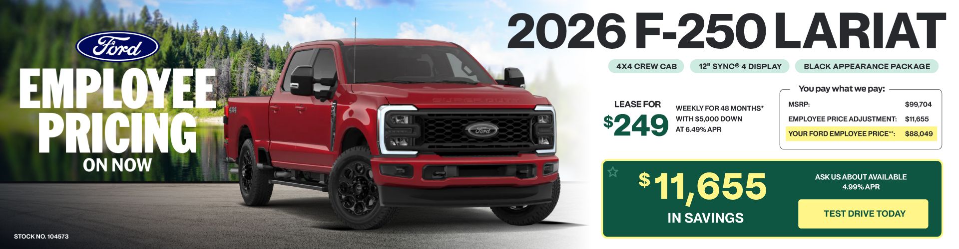 Lease a 2026 Ford Super Duty F-250 SRW Lariat 4X4 Crew Cab for $249 weekly*