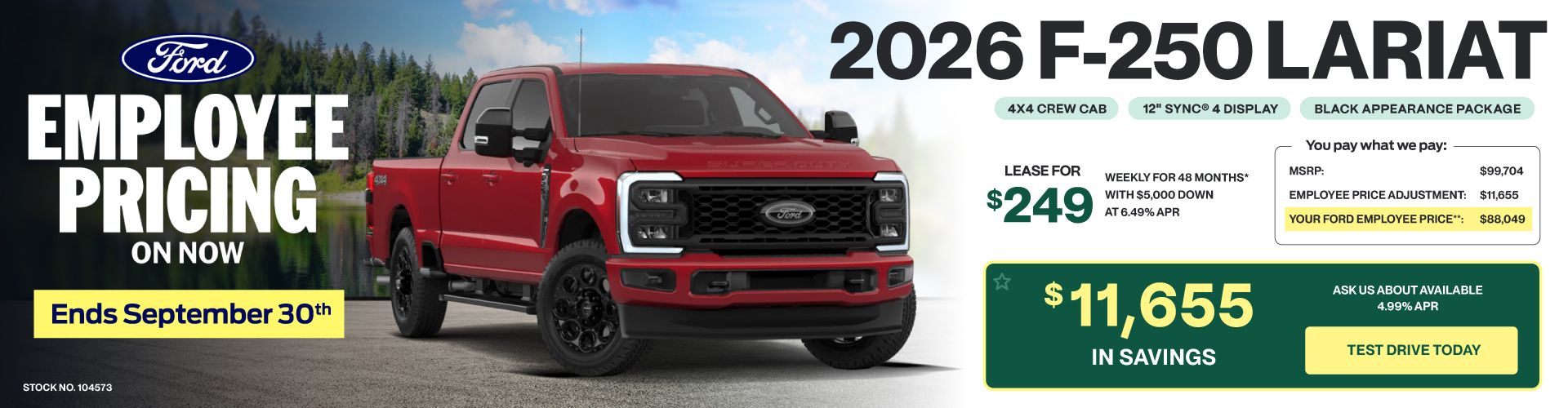 Lease a 2026 Ford Super Duty F-250 SRW Lariat 4X4 Crew Cab for $249 weekly*