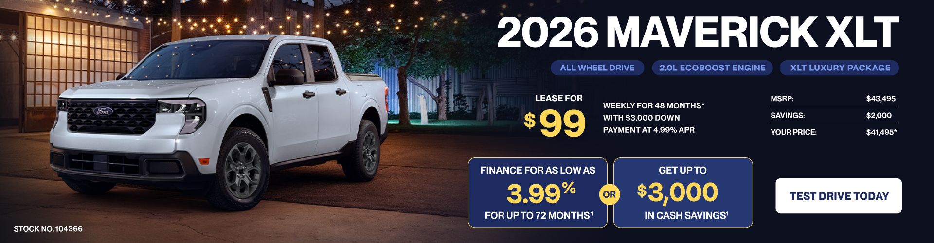 Lease a 2026 Maverick XLT AWD for $99 weekly*