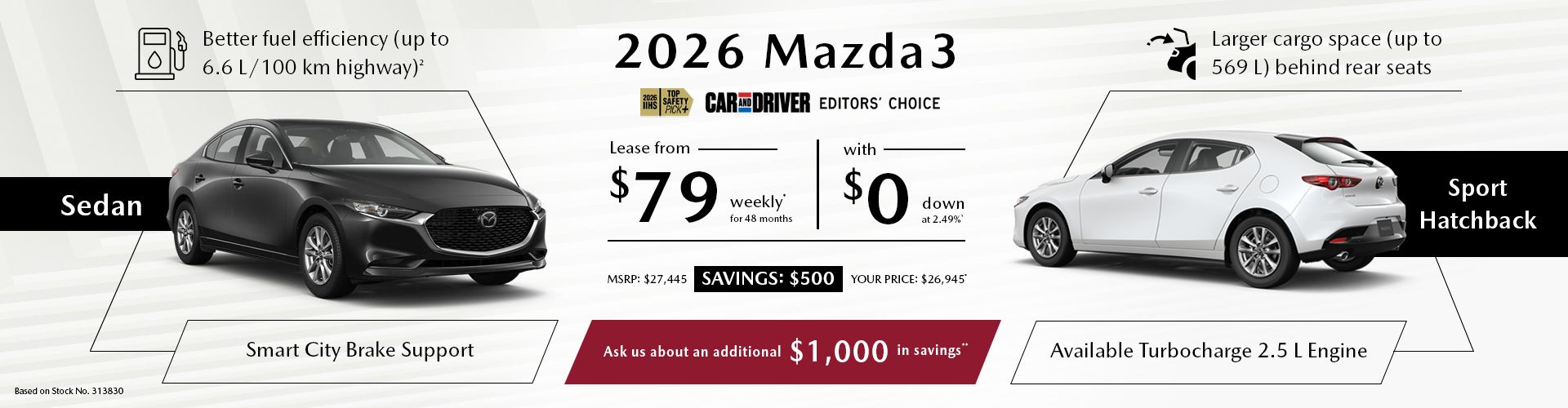 Lease a 2026 Mazda3 Sedan GX from $79 per week*