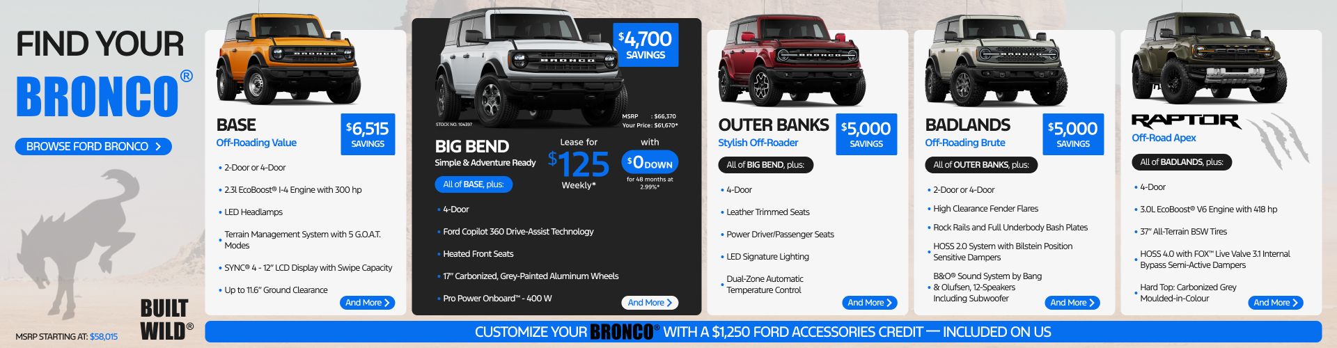Lease a 2026 Ford Bronco Big Bend for $125 weekly*