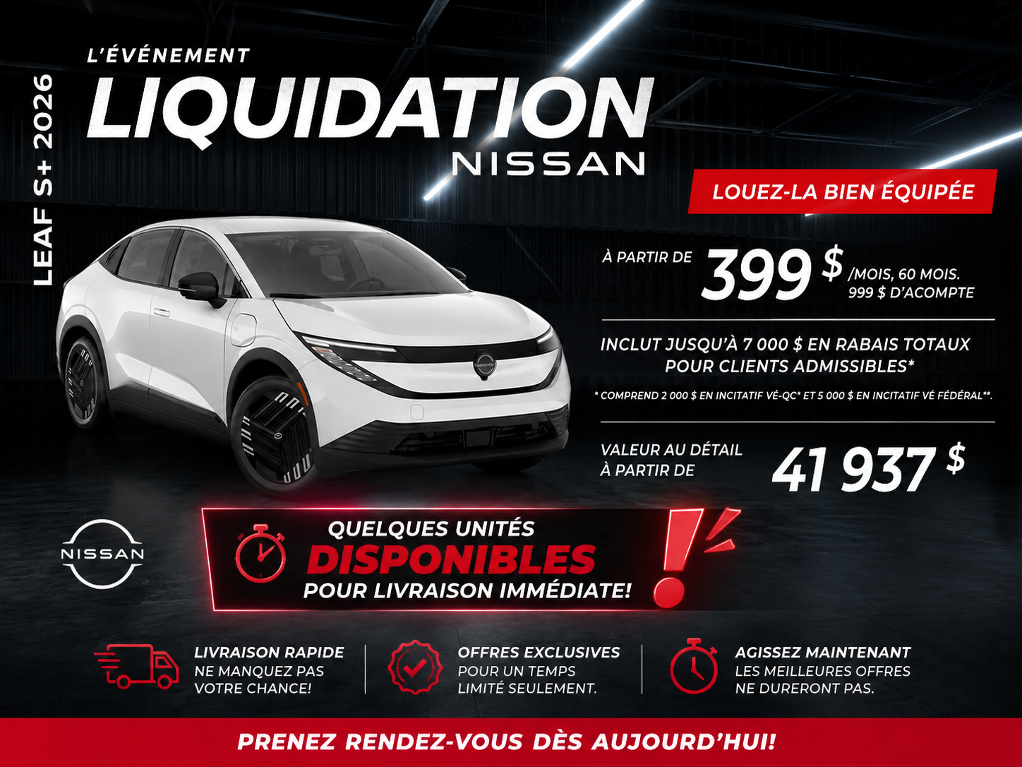 Promotion de la Nissan Leaf S Plus 2026 à partir de 399$\mois chez Coupal & Brassard Nissan!