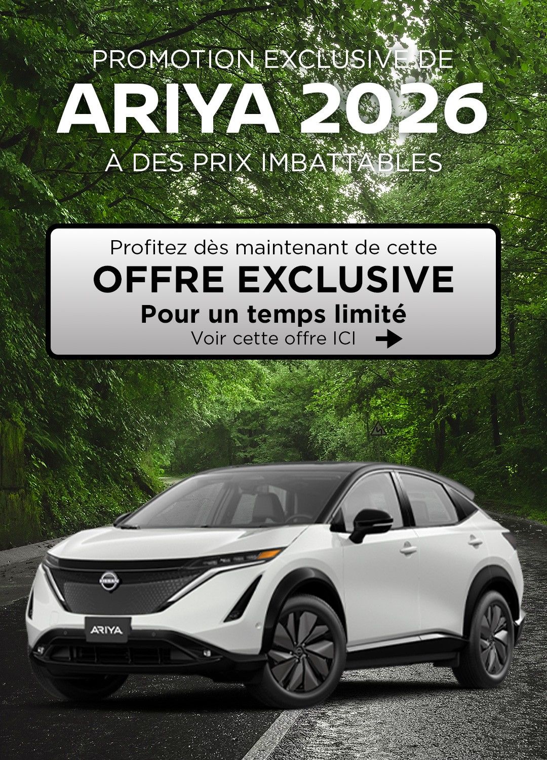 Promotion Nissan Ariya 2026 en location a partir de 135$\semaine chez Coupal Brassard Nissan!