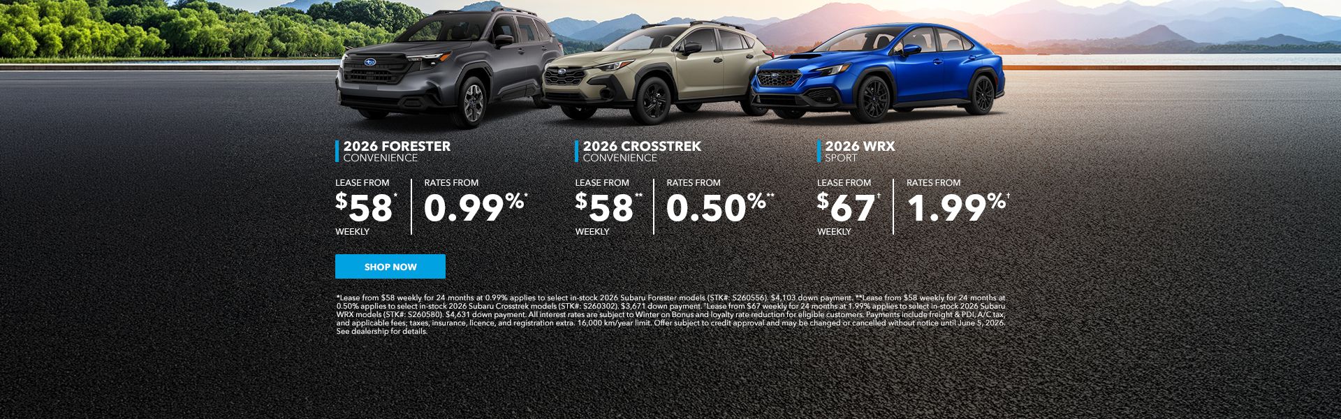2026 Forester, 2026 Crosstrek, 2026 WRX