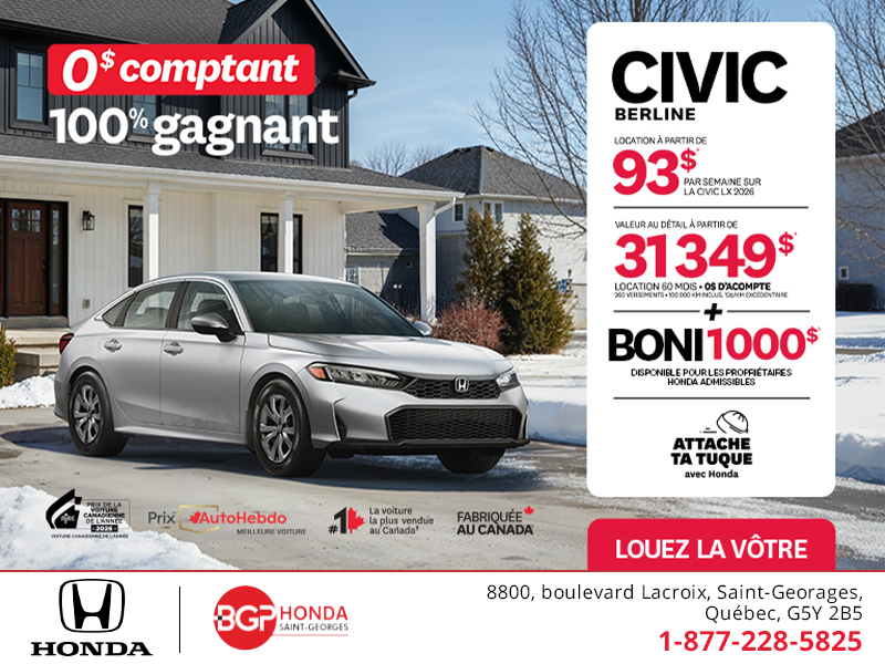 Obtenez le Honda Civic Berline 2026 !