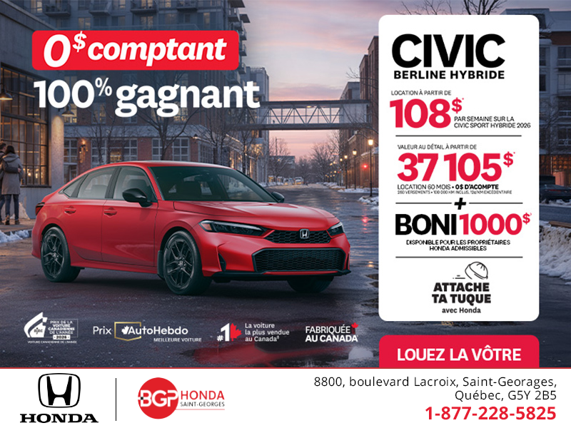 Obtenez le Honda Civic Berline Hybride 2026 !
