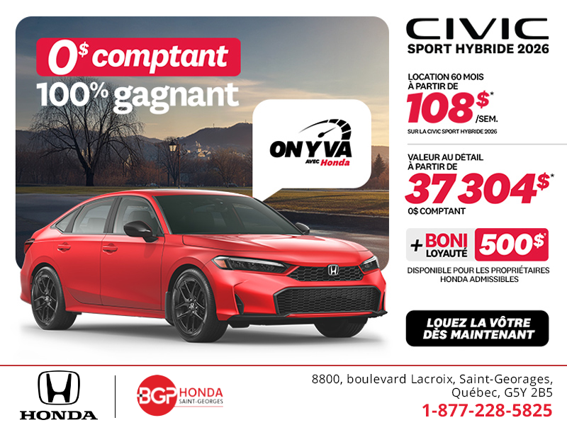 Obtenez la Honda Civic Berline Hybride 2026 !