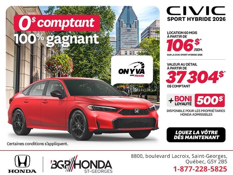 Obtenez la Honda Civic Berline Hybride 2026 !