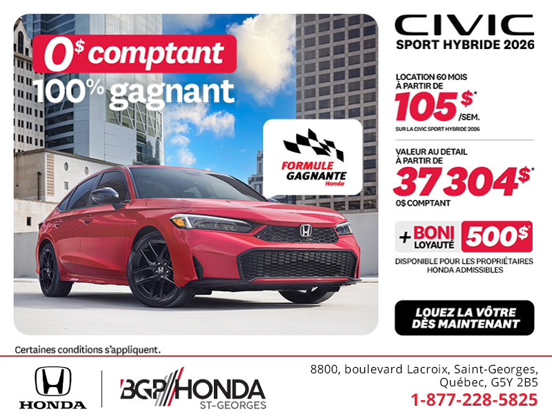 Obtenez la Honda Civic Berline Hybride 2026 !