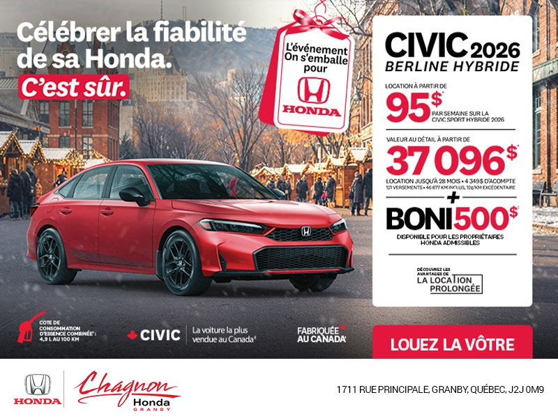Obtenez le Honda Civic Berline Hybride 2026 !