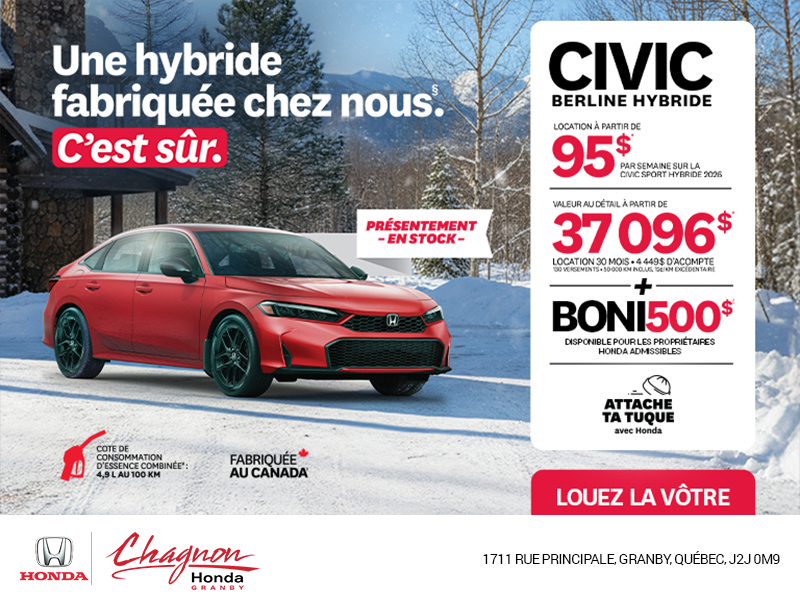 Obtenez le Honda Civic Berline Hybride 2026 !