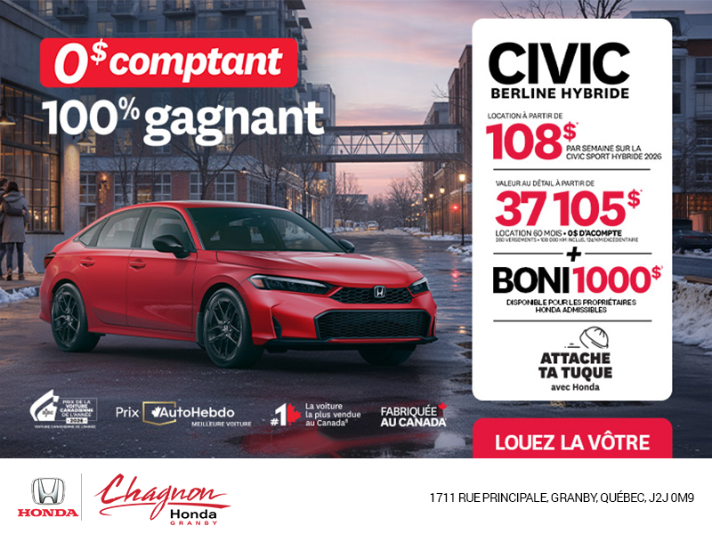 Obtenez le Honda Civic Berline Hybride 2026 !