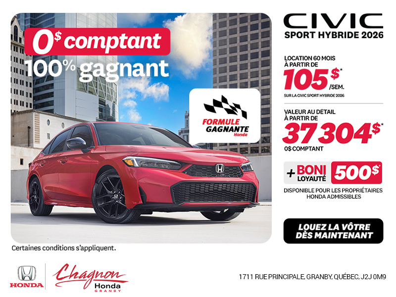 Obtenez la Honda Civic Berline Hybride 2026 !