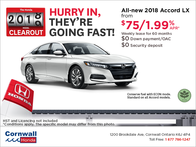 Lease The 2018 Honda Accord Sedan Promotions In Ontario At Cornwall Honda