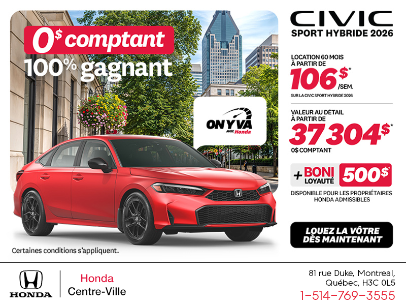 Obtenez la Honda Civic Berline Hybride 2026 !