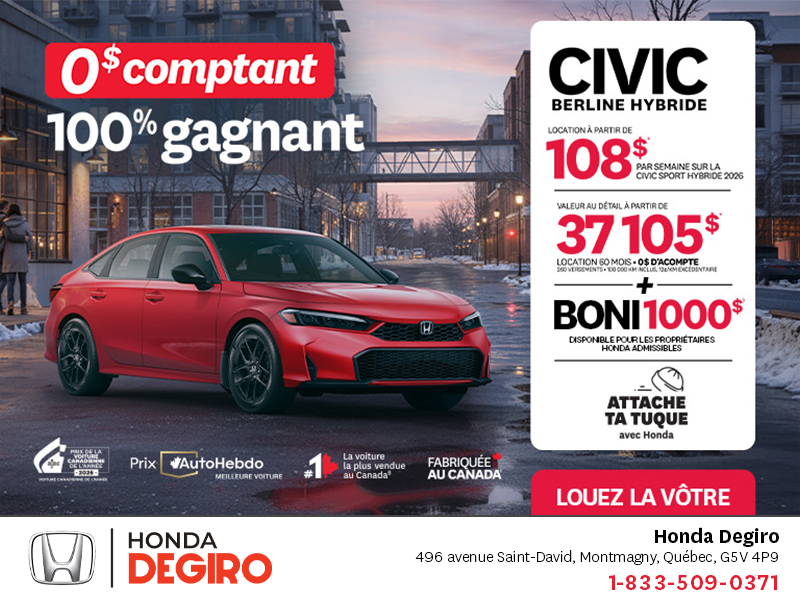 Obtenez le Honda Civic Berline Hybride 2026 !