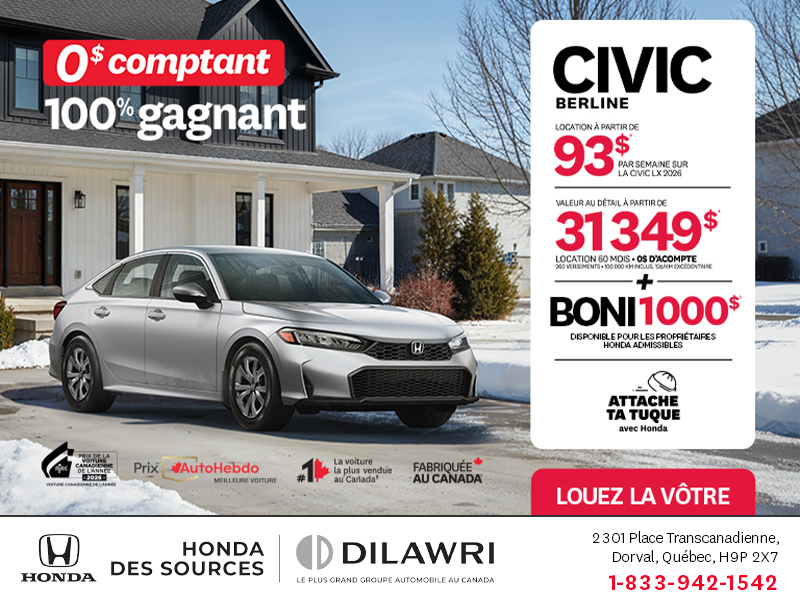 Obtenez le Honda Civic Berline 2026 !