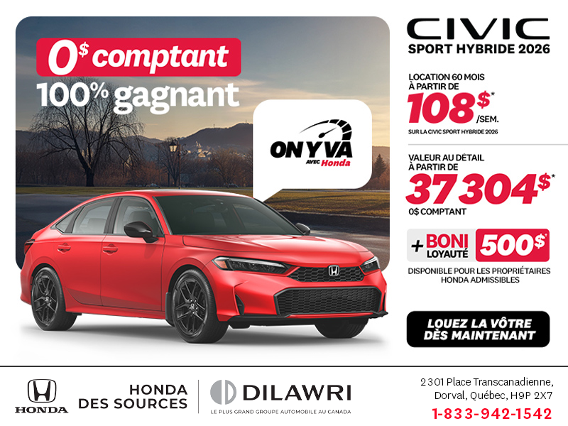 Obtenez la Honda Civic Berline Hybride 2026 !