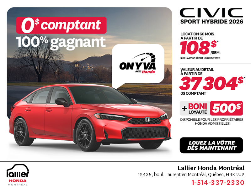 Obtenez la Honda Civic Berline Hybride 2026 !