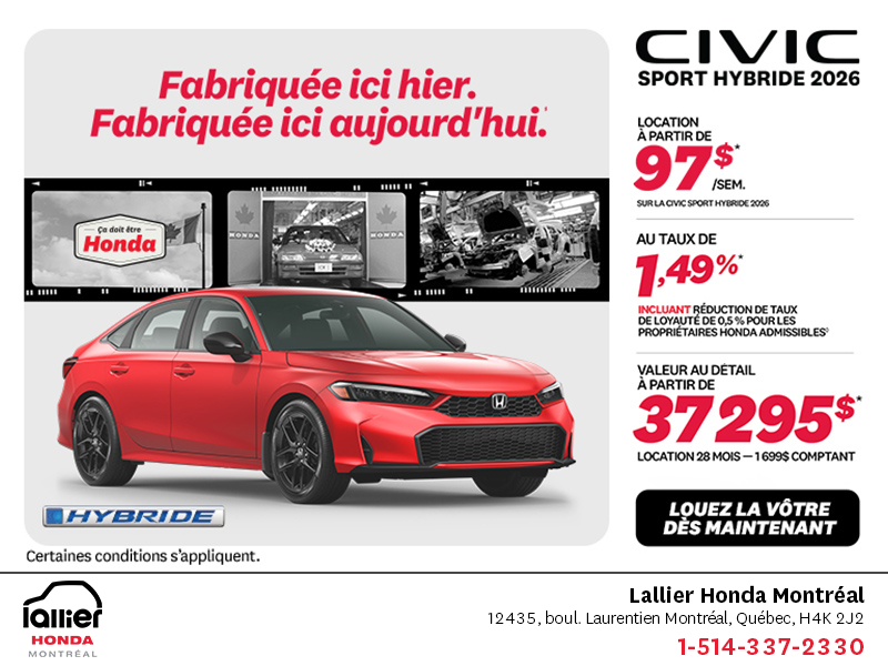 Obtenez la Honda Civic Berline Hybride 2026 !