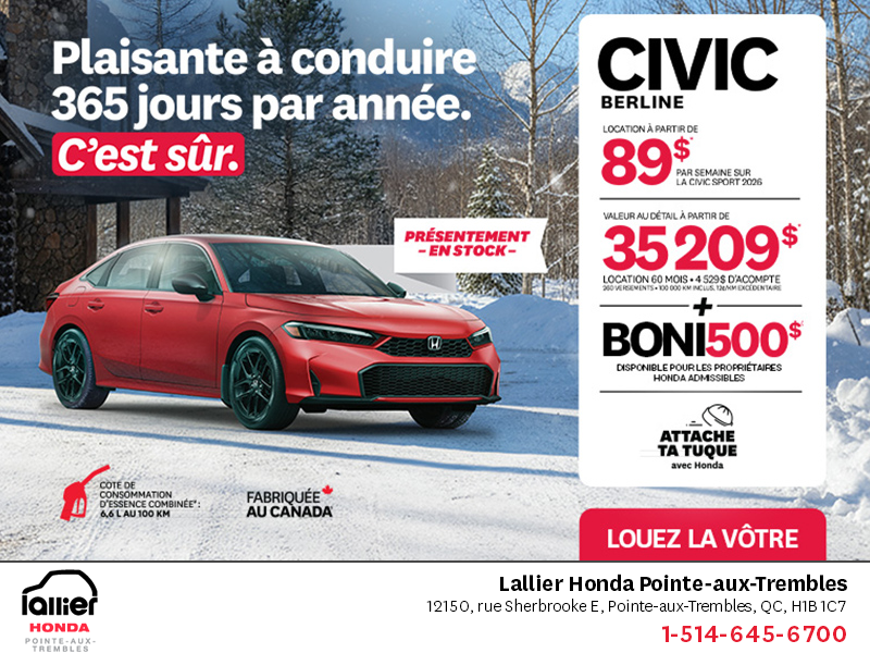 Obtenez le Honda Civic Berline 2026 !