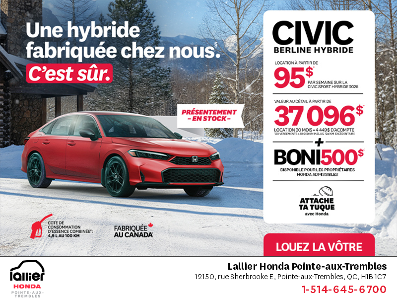 Obtenez le Honda Civic Berline Hybride 2026 !