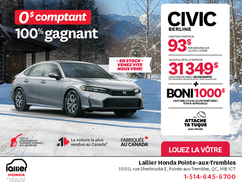 Obtenez le Honda Civic Berline 2026 !