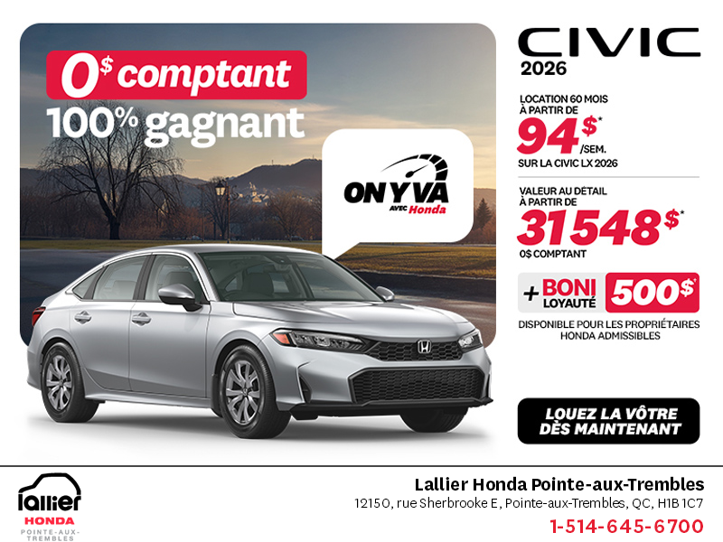 Obtenez la Honda Civic Berline 2026 !