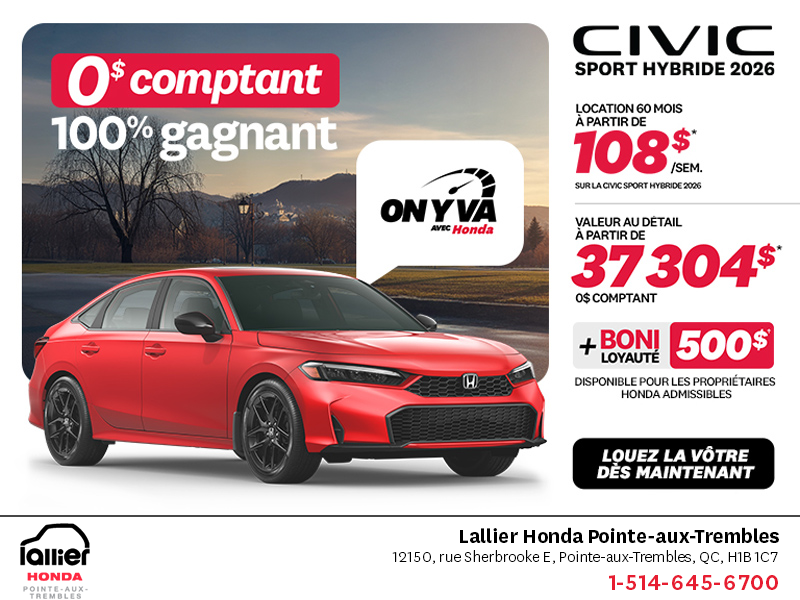 Obtenez la Honda Civic Berline Hybride 2026 !
