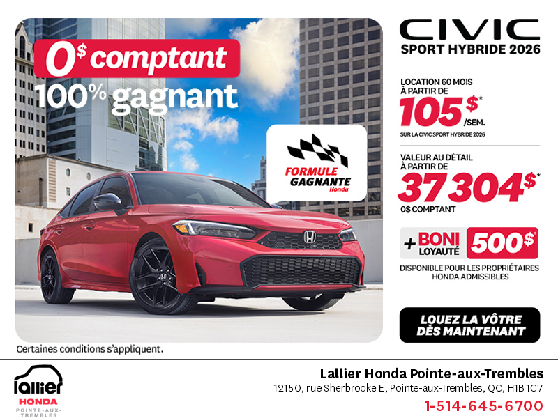 Obtenez la Honda Civic Berline Hybride 2026 !
