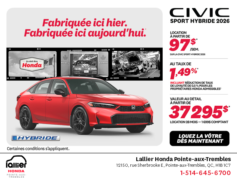 Obtenez la Honda Civic Berline Hybride 2026 !