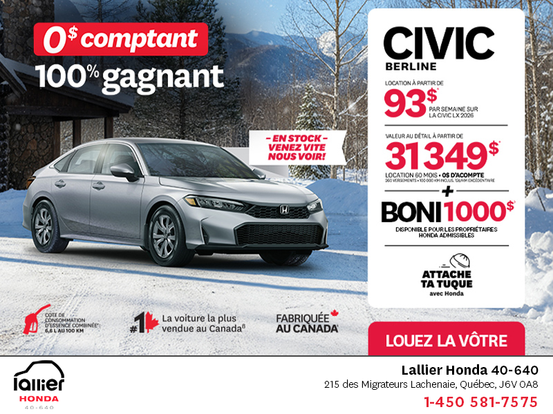 Obtenez le Honda Civic Berline 2026 !