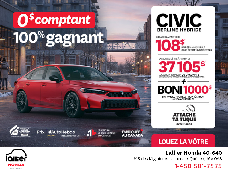 Obtenez le Honda Civic Berline Hybride 2026 !