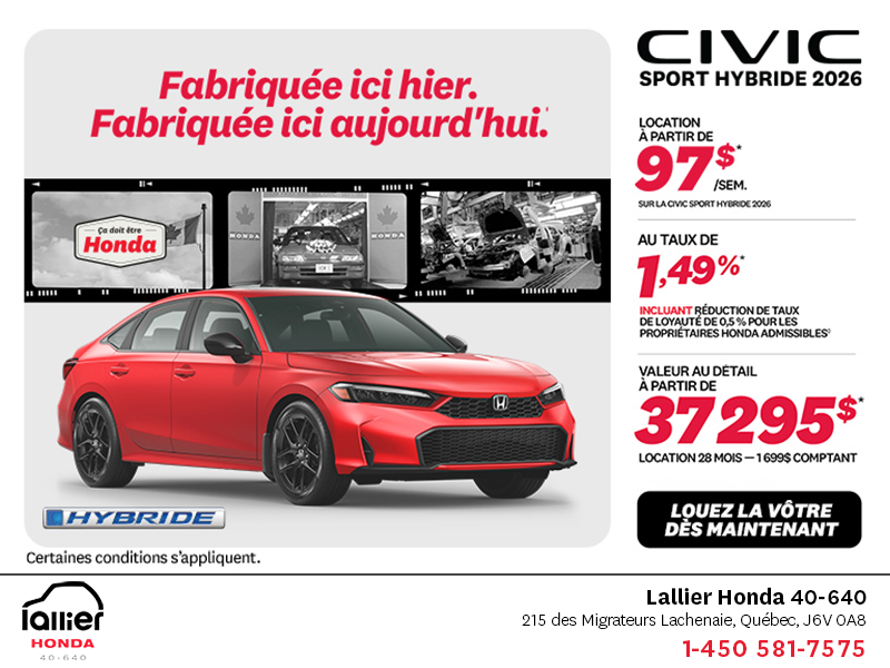 Obtenez la Honda Civic Berline Hybride 2026 !