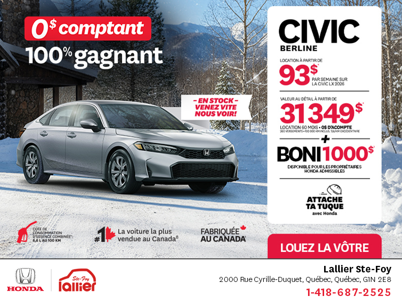 Obtenez le Honda Civic Berline 2026 !