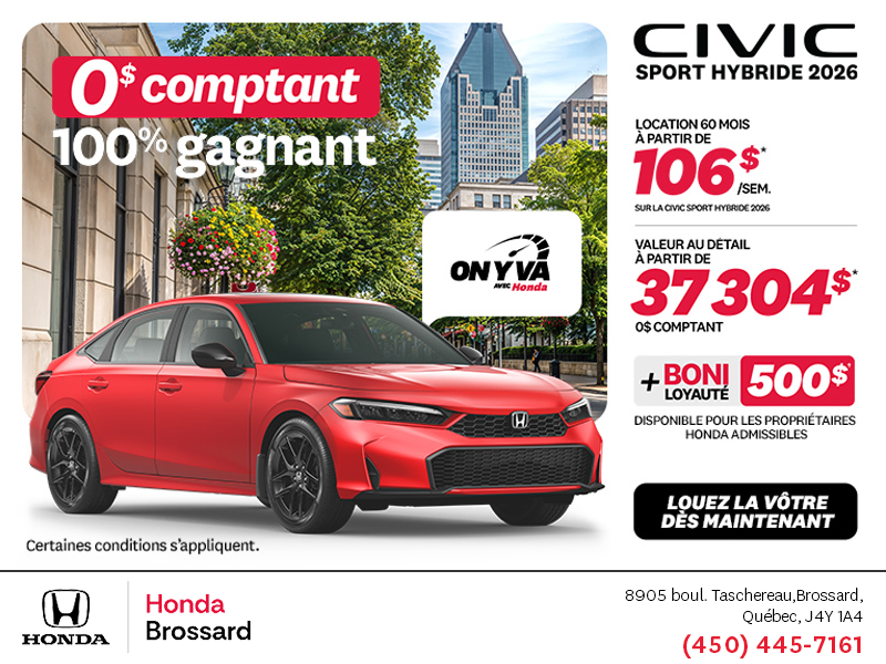 Obtenez la Honda Civic Berline Hybride 2026 !