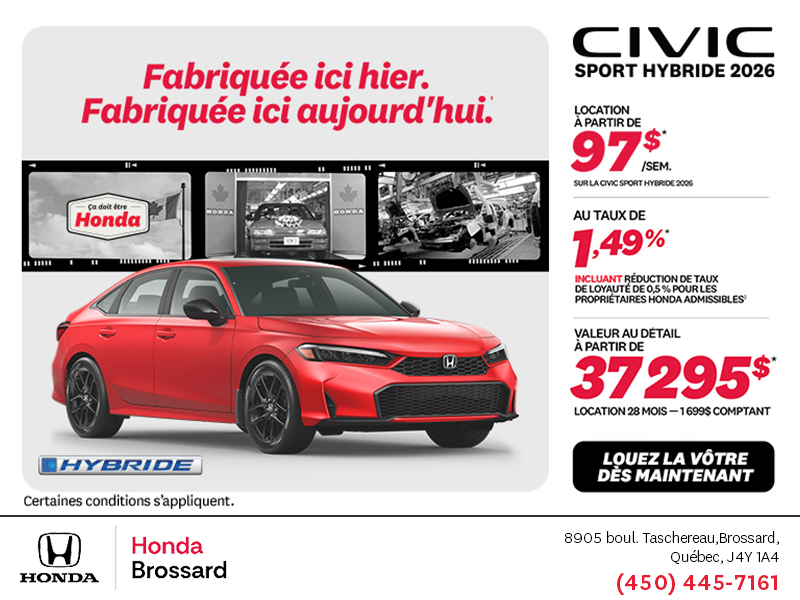 Obtenez la Honda Civic Berline Hybride 2026 !