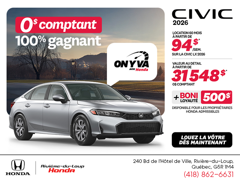 Obtenez la Honda Civic Berline 2026 !